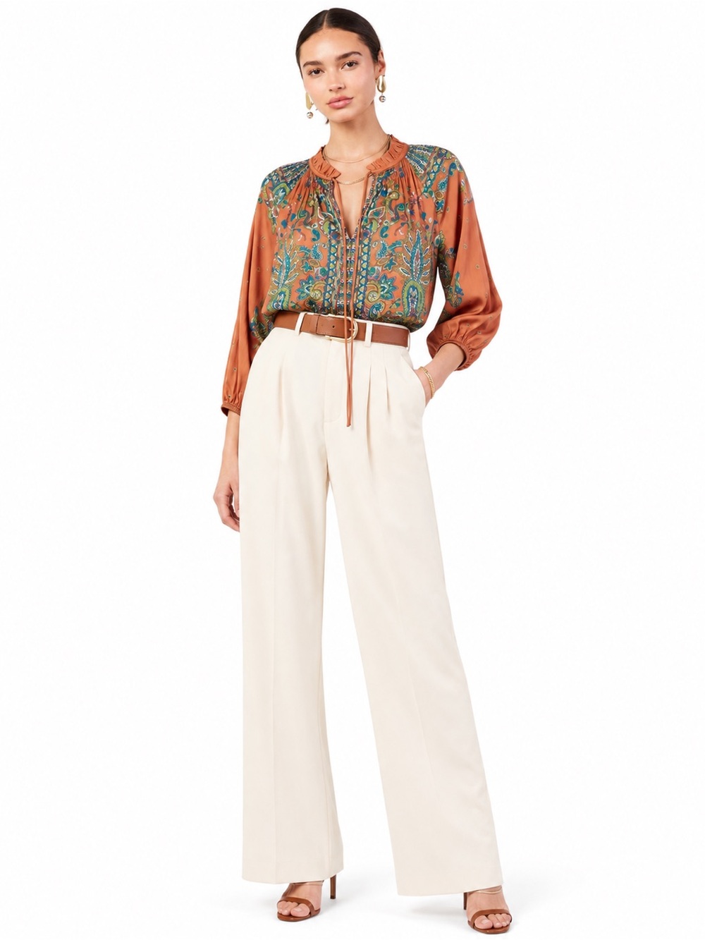 Current Air Los Angeles Terracotta Paisley Boho Peasant Blouse Size Small